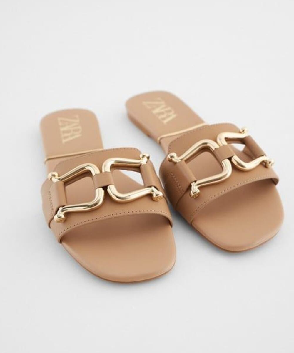 ZARA Flat Leather Slide Sandals Tan and Gold Slip On Women's 39/US 8